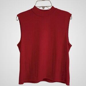 St. John Womens Knit Mock Neck Sleeveless Tank Top Scallop Edge Red Size P